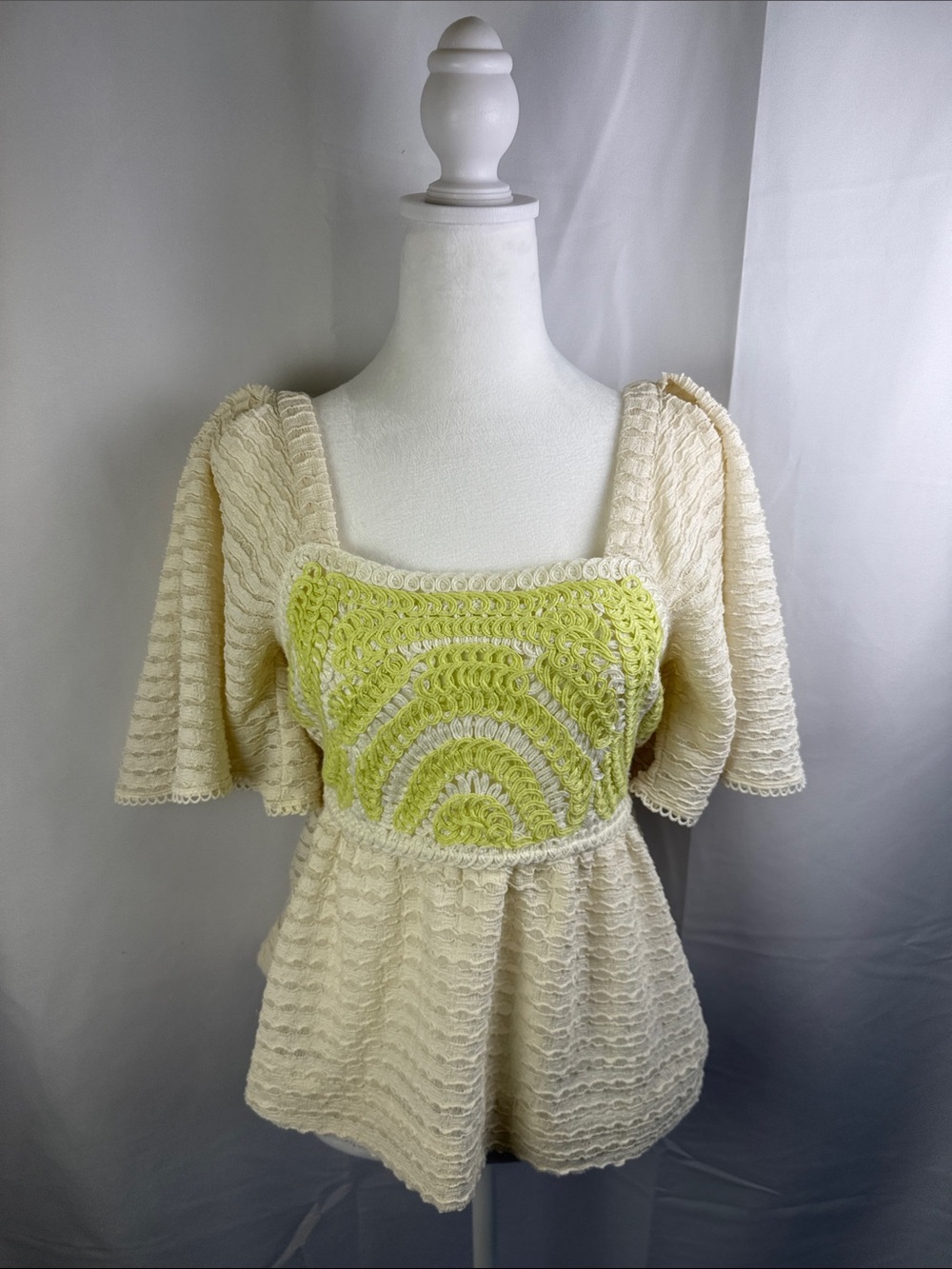 Cream Peplum Tunic with Lime Crochet Front